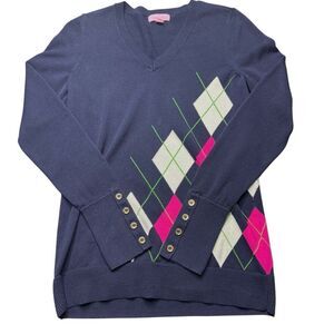 Lilly Pulitzer V Neck Knit Sweater Womens M Blue Diamond Pattern Lightweight